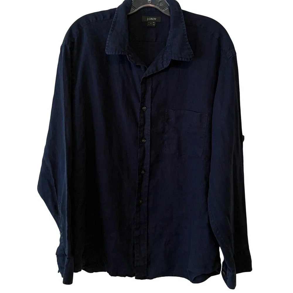 J. Crew Men's Navy Linen Button Front Long Sleeved Top in Size L